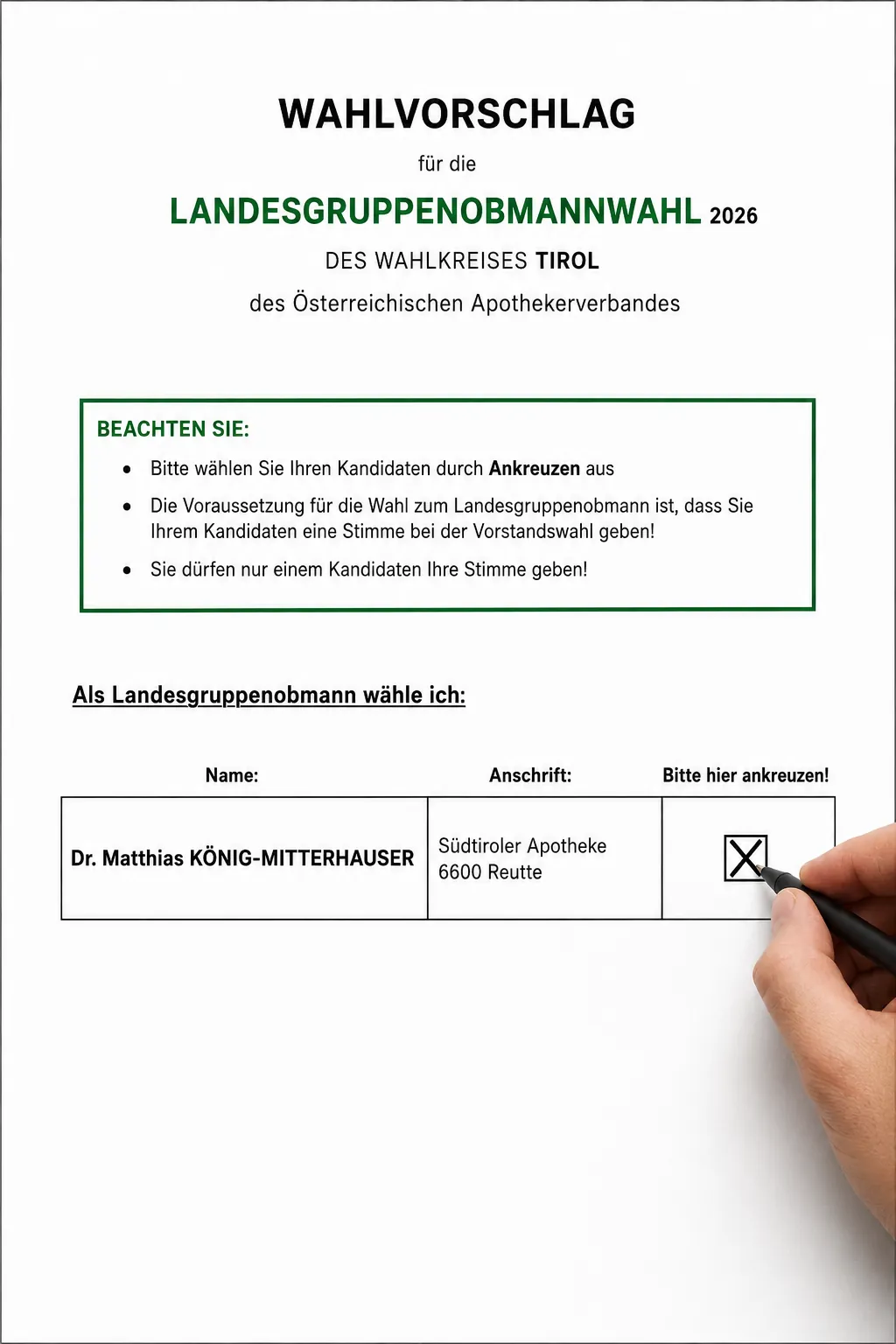 Muster-Stimmzettel Landesgruppenobmannwahl mit Dr. Matthias König-Mitterhauser